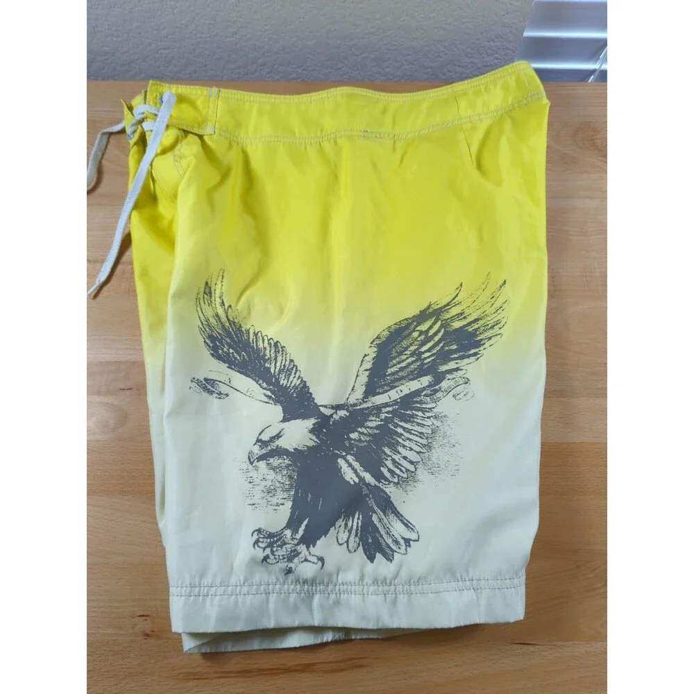 American Eagle Swim Trunks Board Shorts Men's 34 Yellow Eagle Print Beach Surf